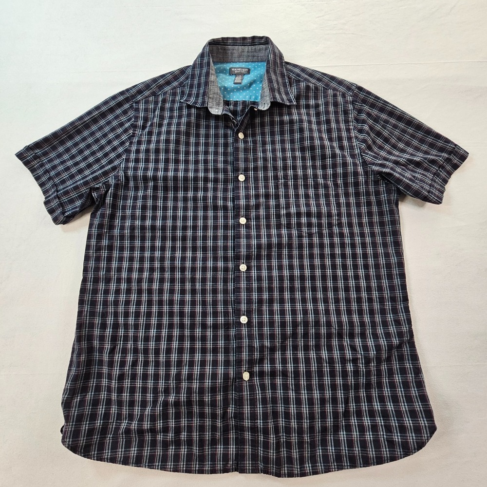 Van Huesen Never Tuck Black Plaid Short Sleeve Button-Up Shirt Men's L